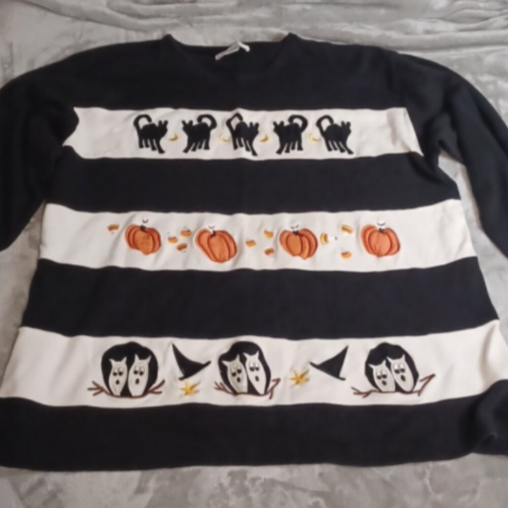 Vtg Bill & June Black  3XL Sweatshirt Halloween WitchHat Owl Pumpkin Cat